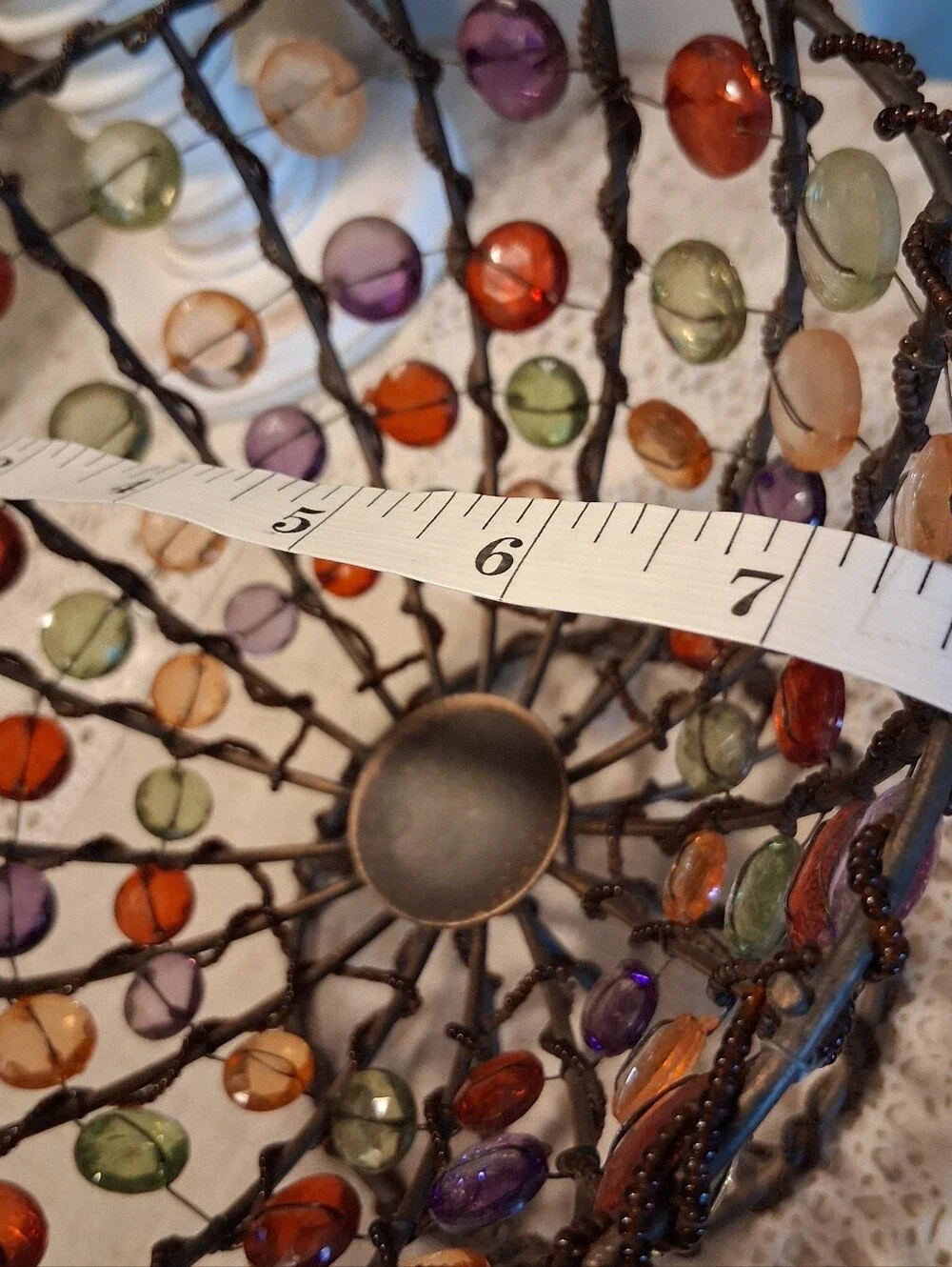 Vintage Beaded Wire & Metal Footed Bowl Basket Handmade Pop Art Retro Decor 8